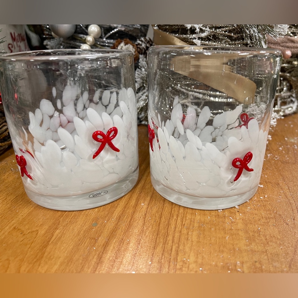 Red Bow Ribbons Lampwork Embedded Drinking Glasses Set of 2 Holiday Coquette NWT